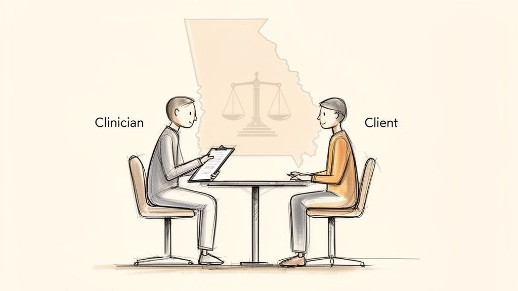 A clinician interviews a client across a table, with a background outline of Georgia and scales of justice.