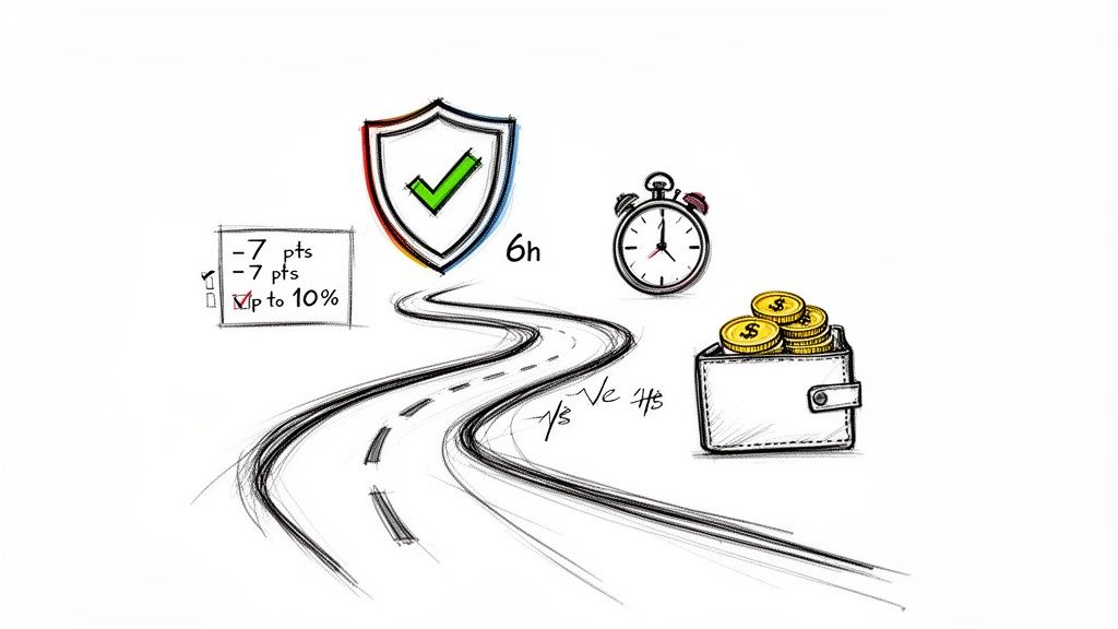 A winding road with icons representing driver's education benefits: points, safety, time, and financial savings.