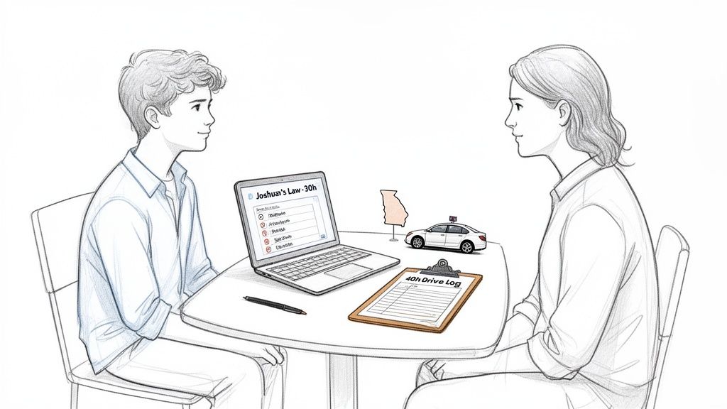 Two people discuss Joshua's Law and a 40-hour drive log for Georgia driver's education.