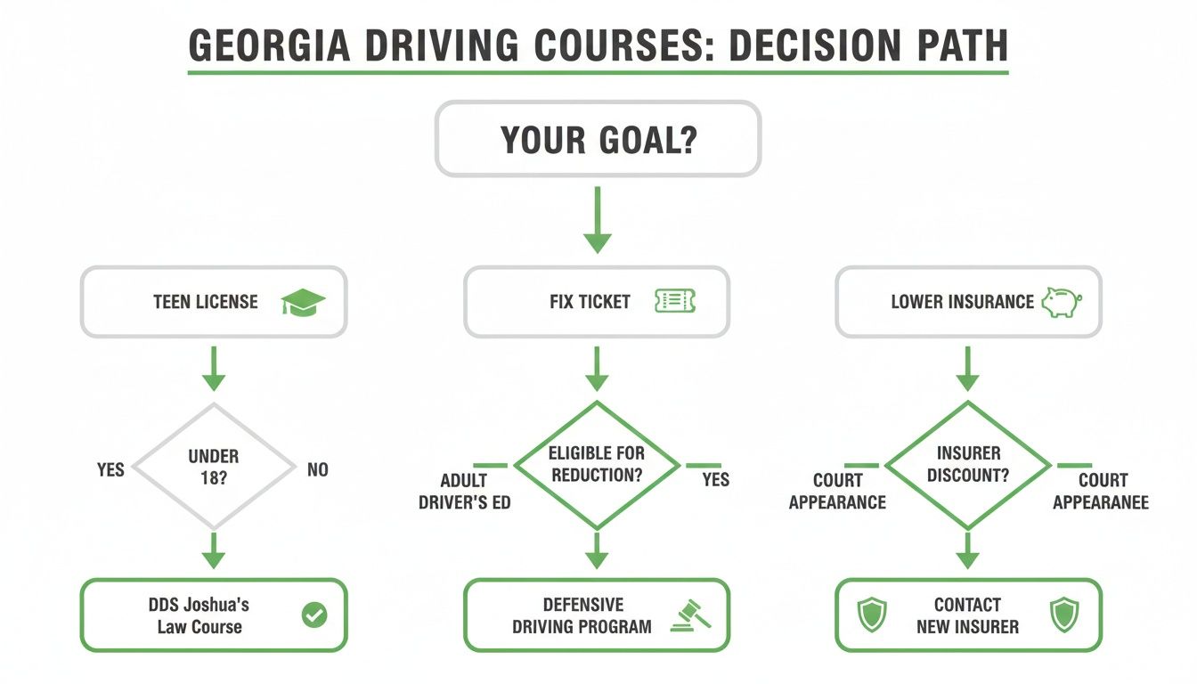 Flowchart outlining Georgia driving course decision paths for teen license, fixing tickets, and lower insurance.