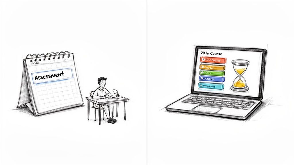 A student preparing for an assessment next to a laptop showing a 20-hour online course with an hourglass.