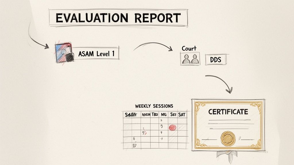 A diagram illustrates the drug and alcohol evaluation process, weekly sessions, and certificate issuance.