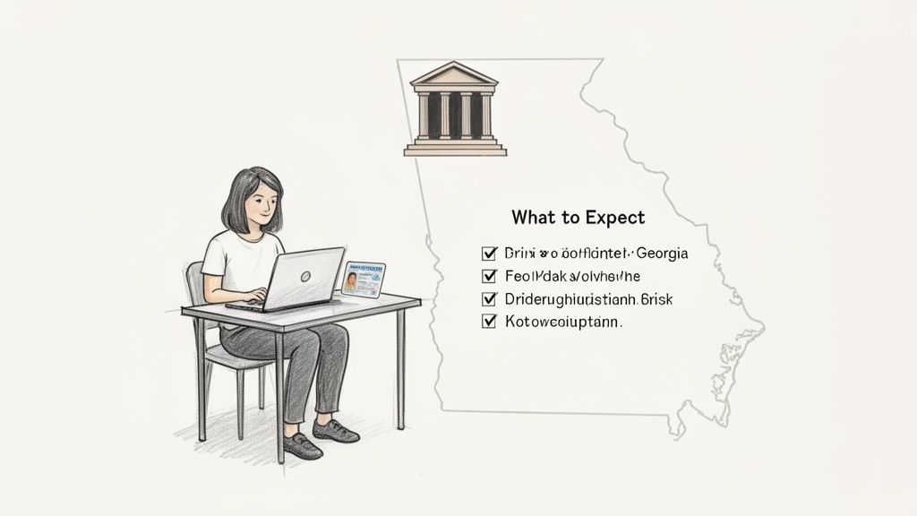 Woman at a desk with a laptop, an ID card, and a map of Georgia for an online process.