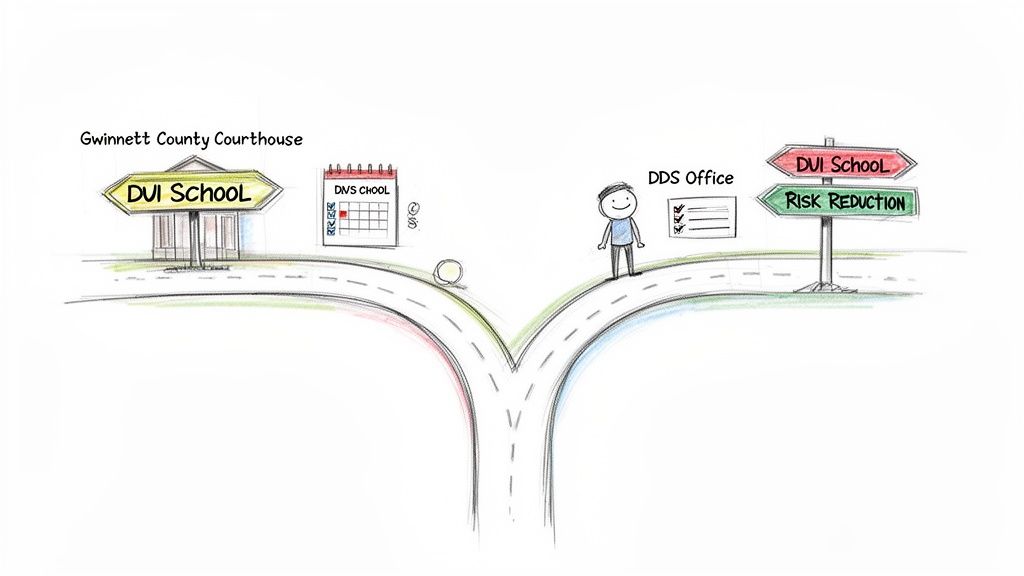 Cartoon illustrating two paths for DUI consequences, including Gwinnett County Courthouse, DUI School, and Risk Reduction.