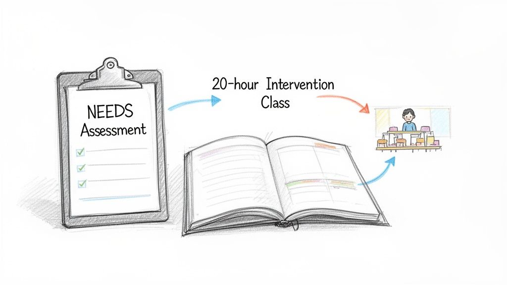Diagram showing a needs assessment flowing to a 20-hour intervention class with a curriculum book and classroom.