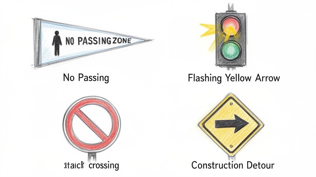 Four hand-drawn road signs: No Passing, Flashing Yellow Arrow, No Entry, and Construction Detour.
