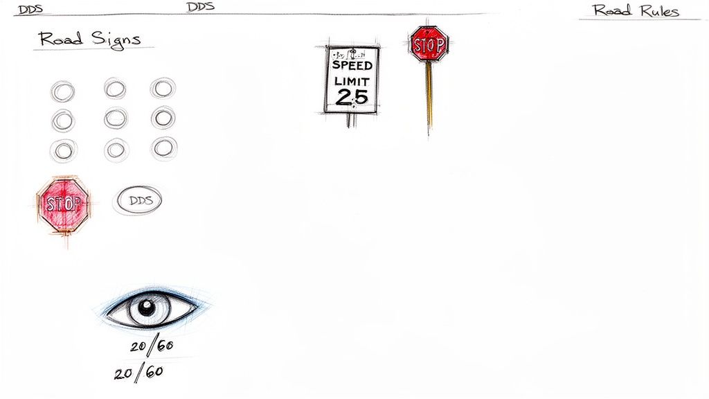 Hand-drawn sketches illustrating various road signs, a speed limit sign, an eye, and DDS elements.