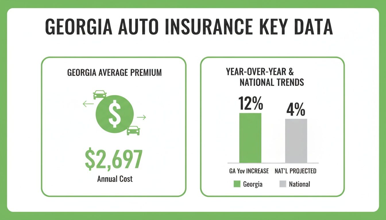 Infographic showing Georgia's average annual auto insurance cost of $2,697 and a 12% year-over-year increase compared to 4% national.