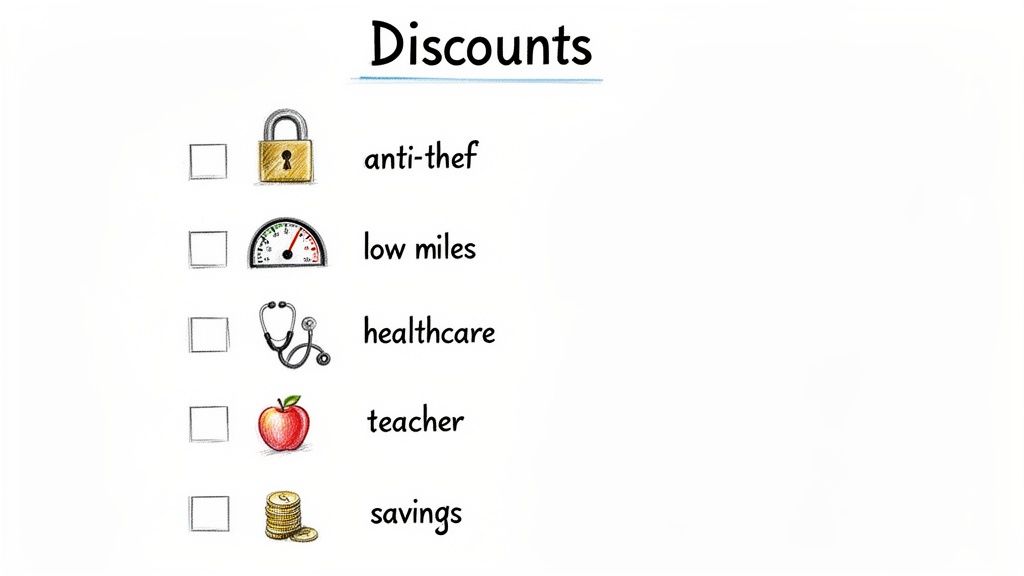 A checklist titled 'Discounts' with icons for anti-theft, low miles, healthcare, teacher, and savings.
