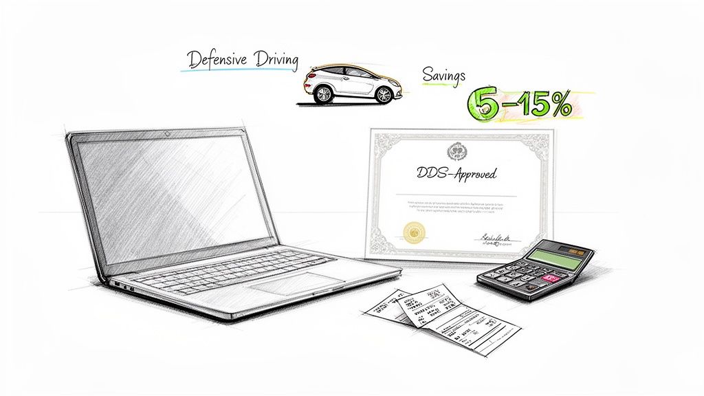 A sketch illustrating defensive driving course benefits, showing a laptop, car, DDS certificate, and calculator for insurance savings.