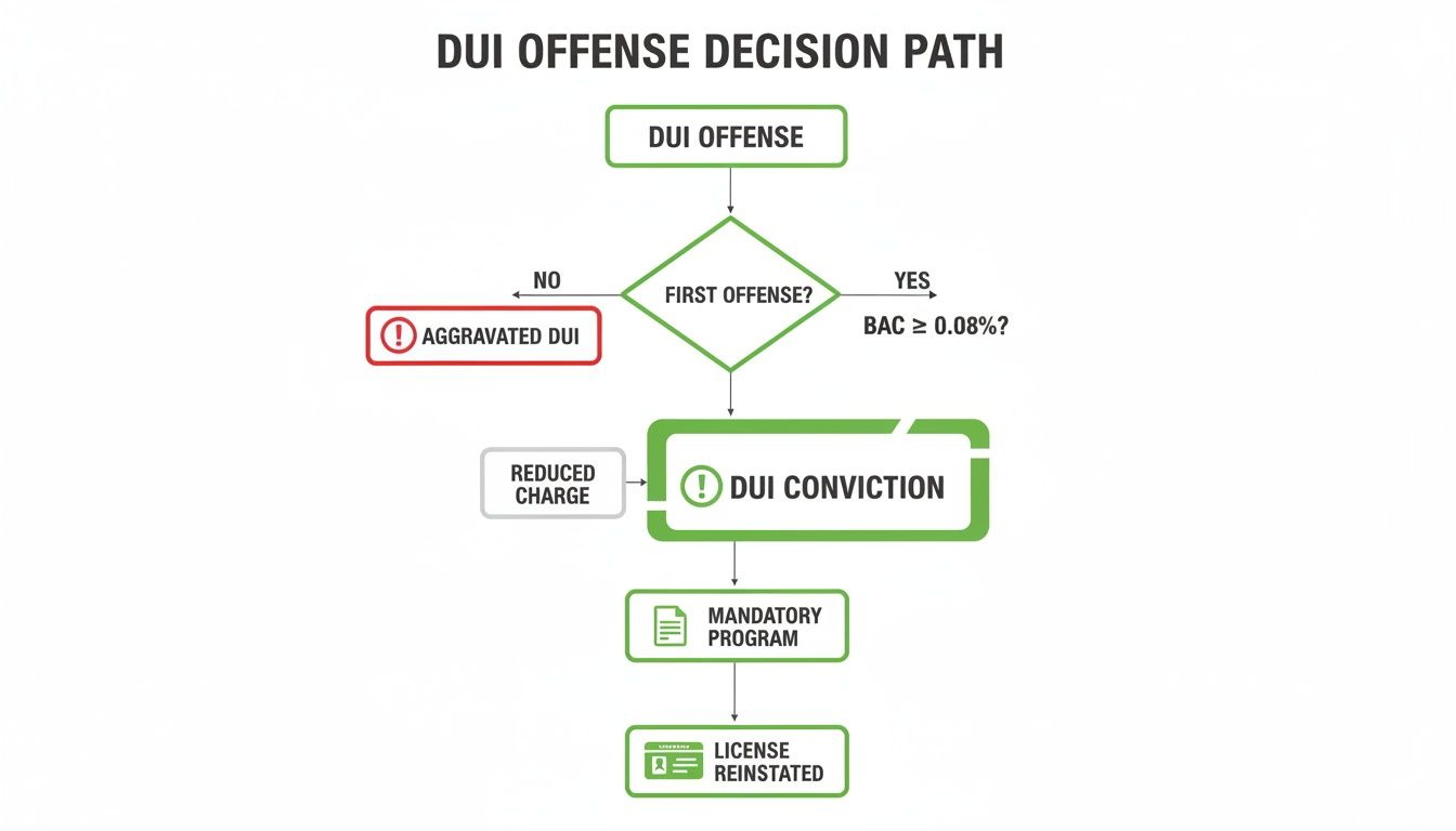 Flowchart illustrating the DUI offense decision path, from initial offense to license reinstatement.