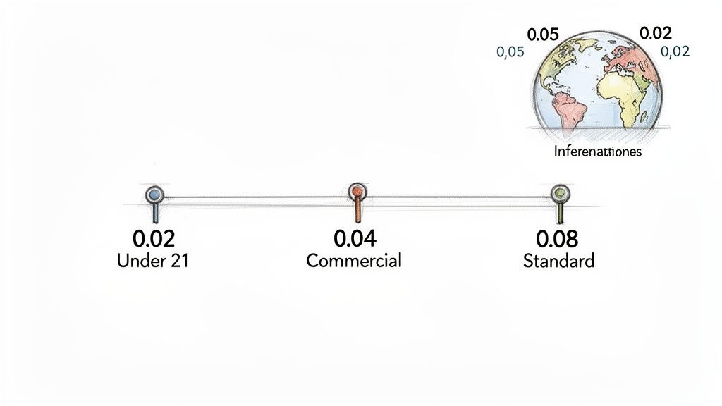 Graphic displaying blood alcohol content (BAC) limits: 0.02 for Under 21, 0.04 Commercial, 0.08 Standard.