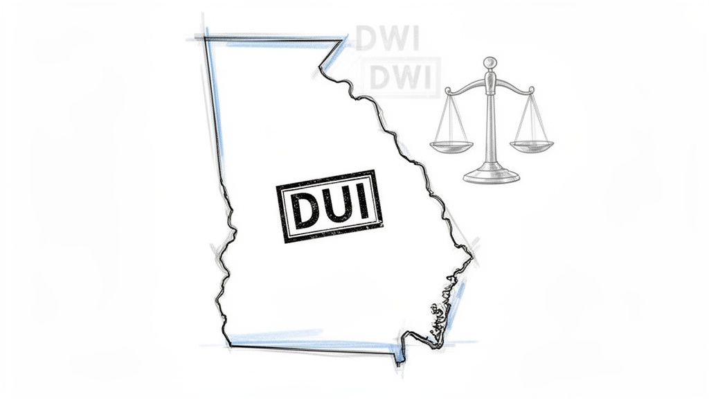 An outline of the state of Georgia with a 'DUI' stamp, 'DWI' text, and scales of justice.