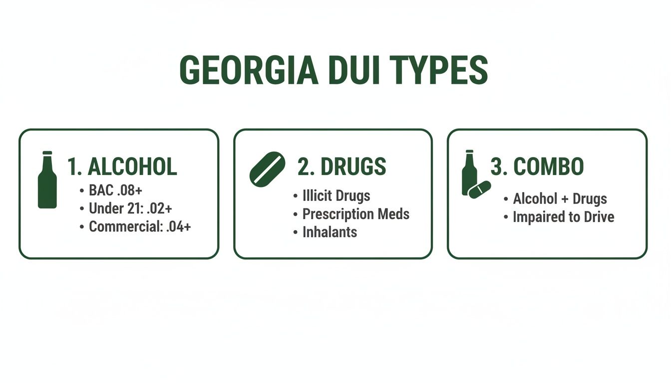 An infographic outlining the three types of DUI in Georgia: Alcohol, Drugs, and Combo.