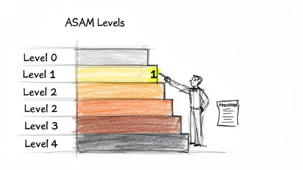 A diagram illustrates ASAM levels 0-4 as a staircase, with a man pointing to Level 1, alongside a prescription.