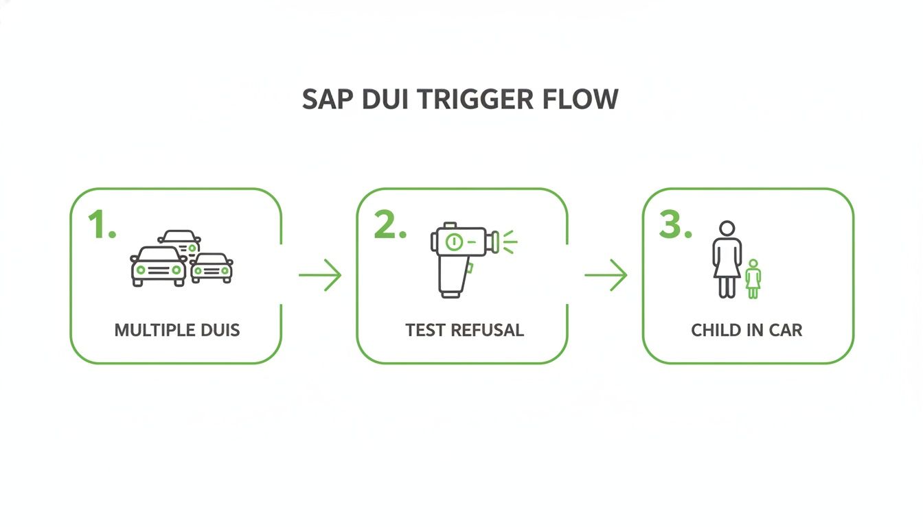 Flowchart outlining three SAP DUI trigger scenarios: multiple DUIs, test refusal, and child in car.