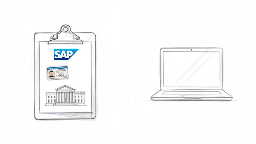 A drawing of a clipboard displaying an SAP logo, an ID card, and a building, next to a laptop sketch.
