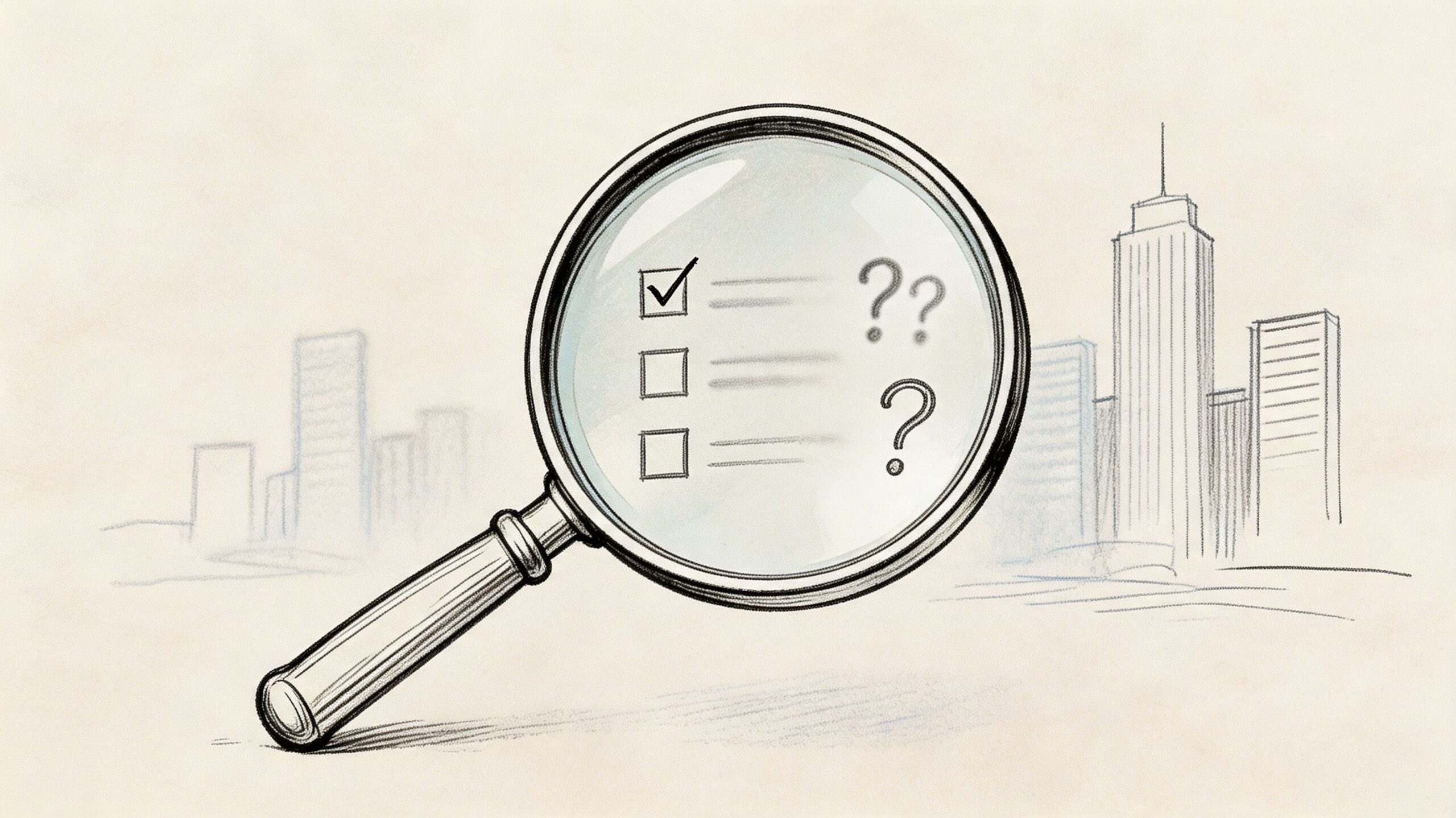A magnifying glass inspecting a checklist of city planning tasks with question marks in the background.