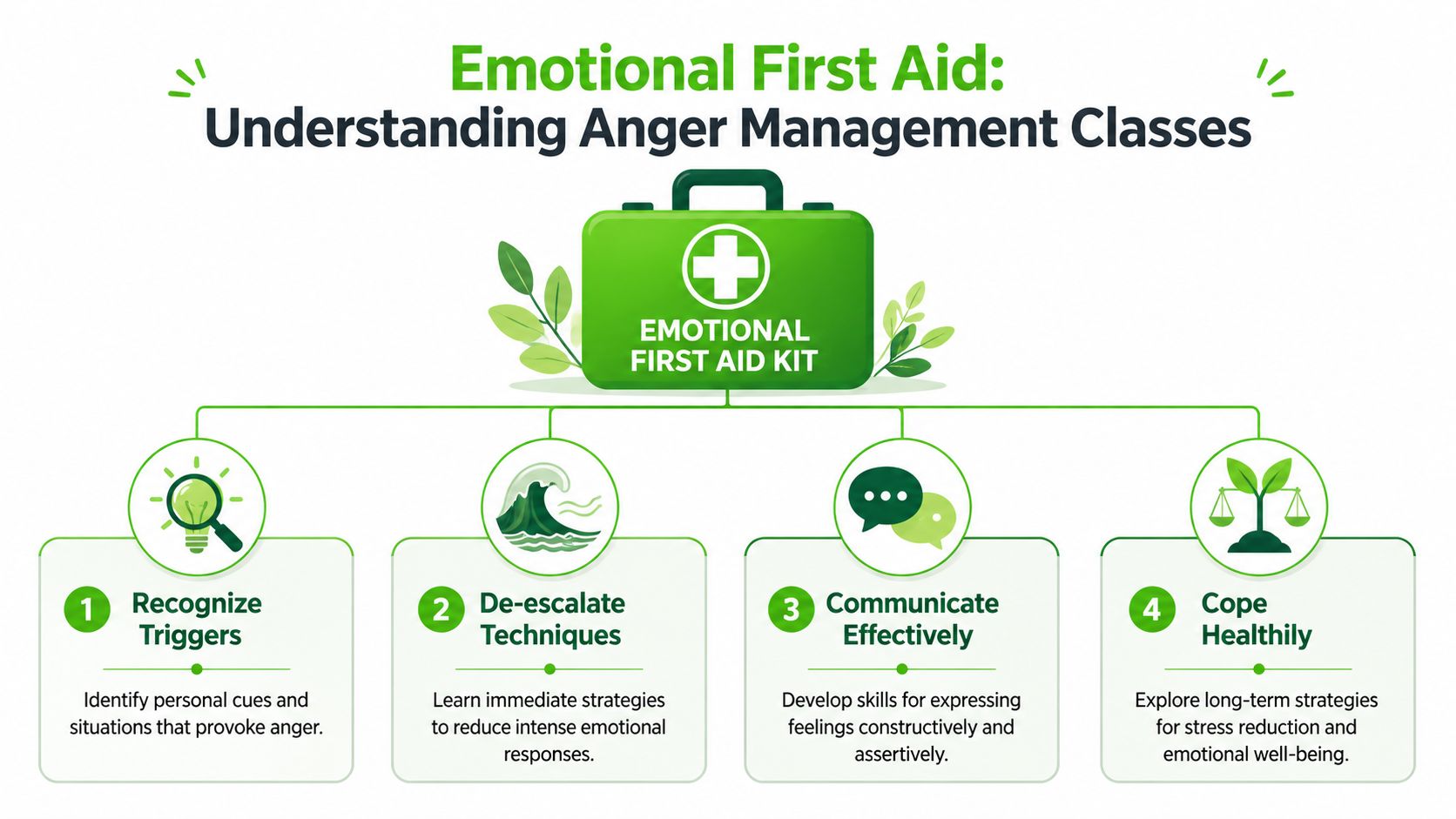 A diagram titled Emotional First Aid, outlining four steps for anger management classes with icons and descriptions.