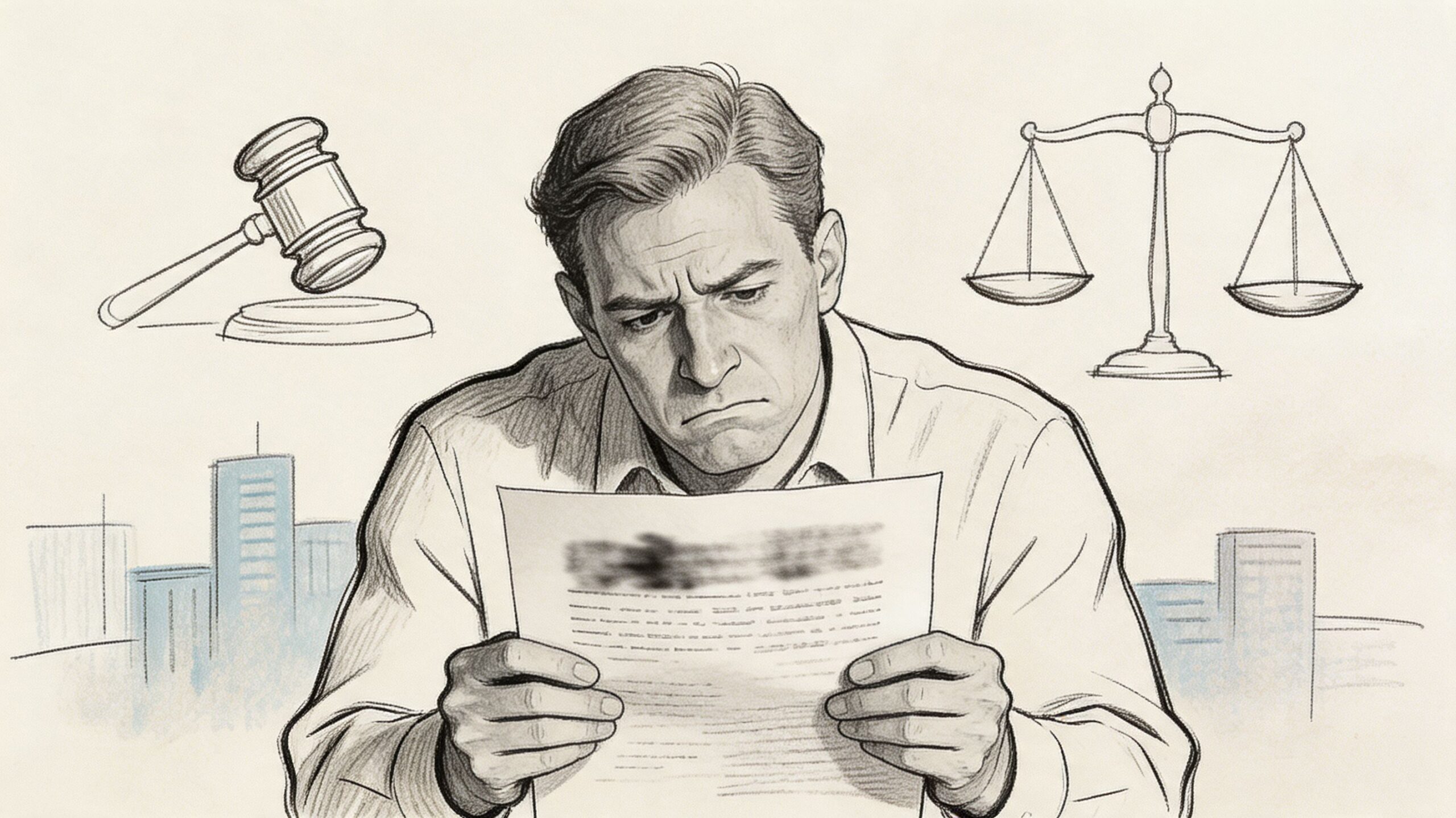 A worried man reading a legal document with a gavel and scales of justice in the background.