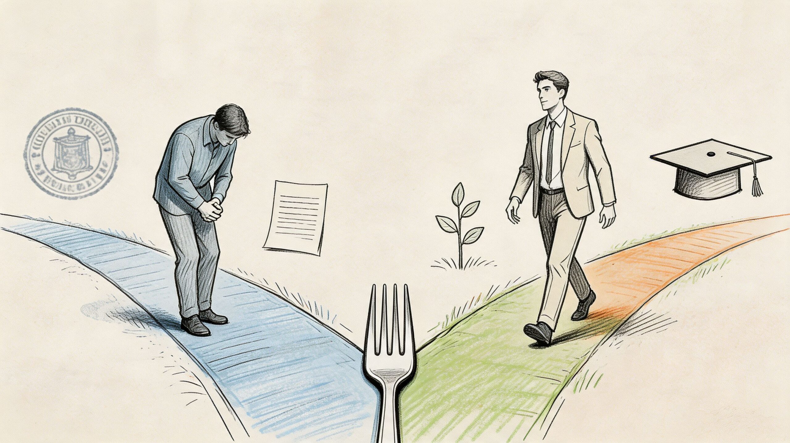 A pencil sketch illustrating a difficult life choice between two paths represented by a fork symbol.