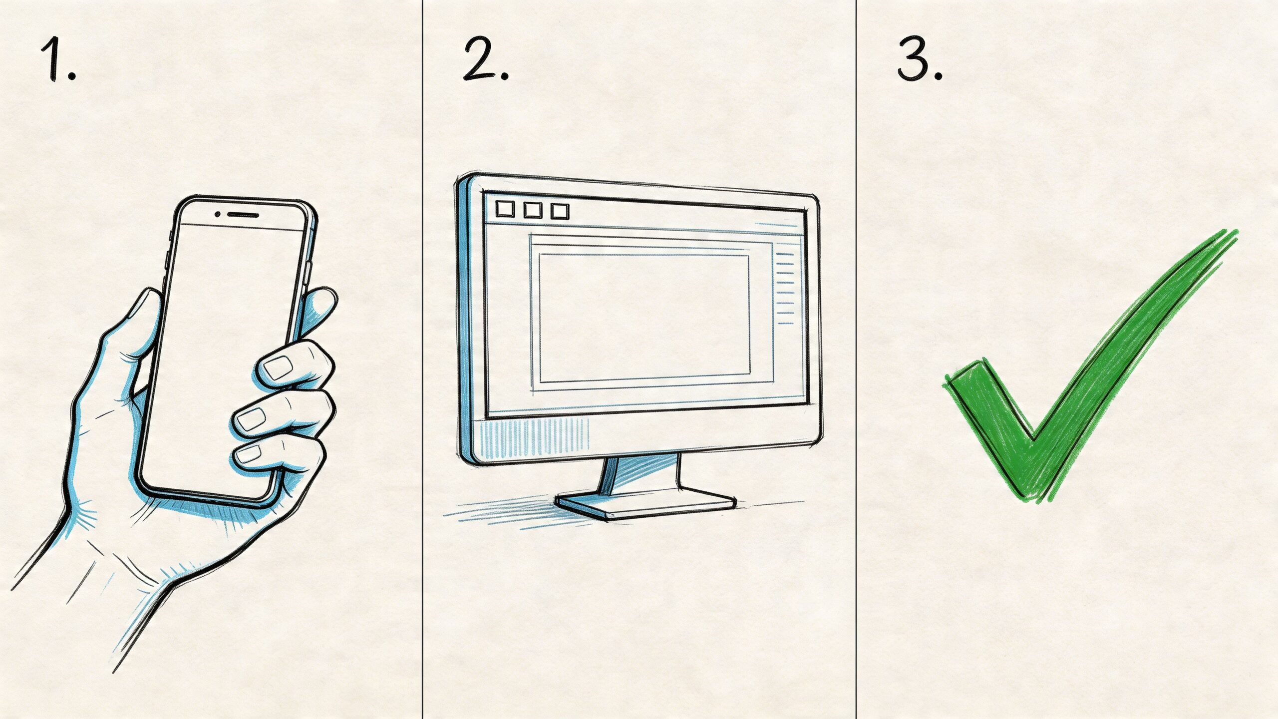 A three step illustration showing a smartphone, a computer monitor, and a large green checkmark symbol.