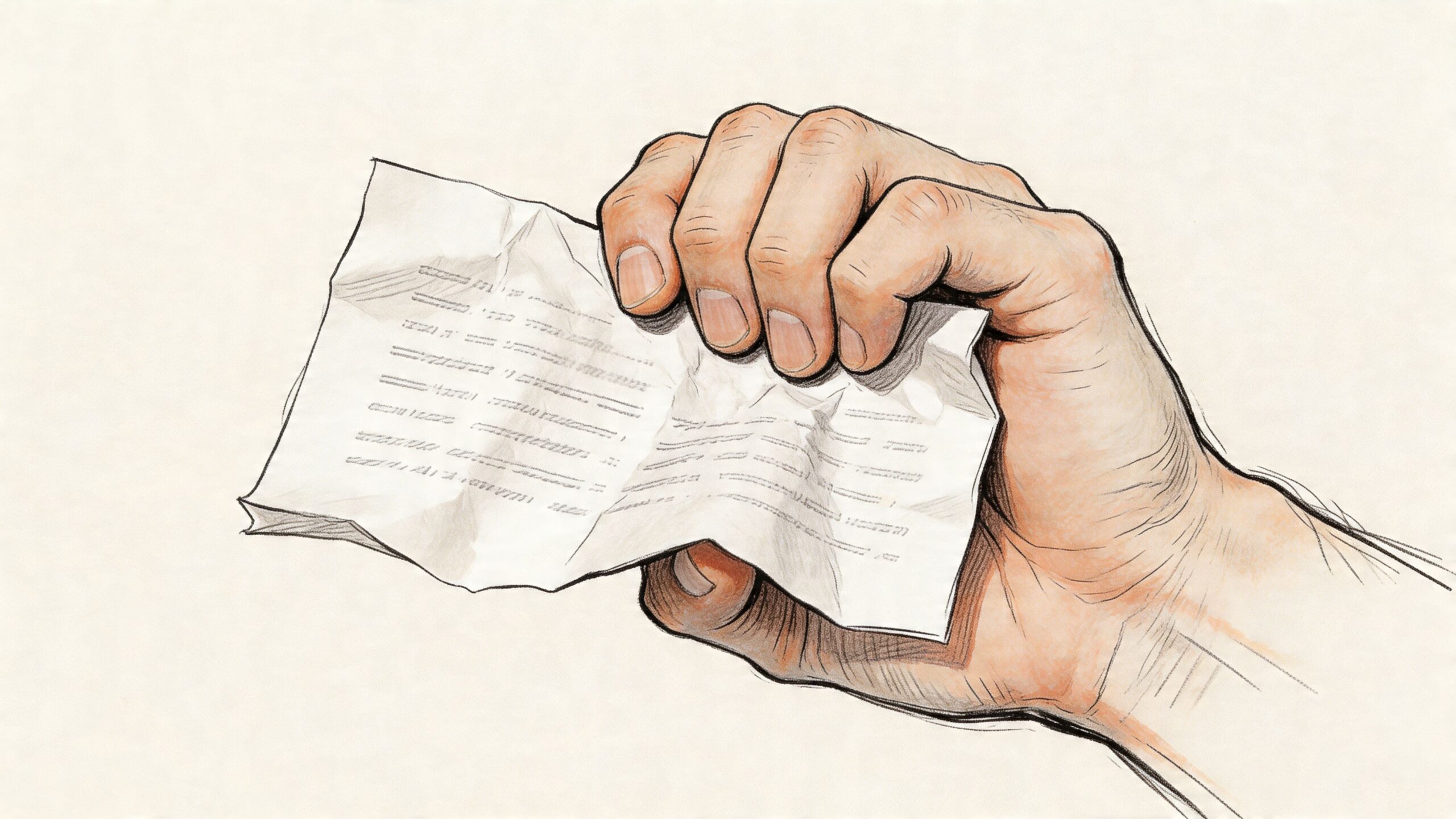 A hand holding a crumpled piece of paper featuring handwritten notes in a sketch style illustration.
