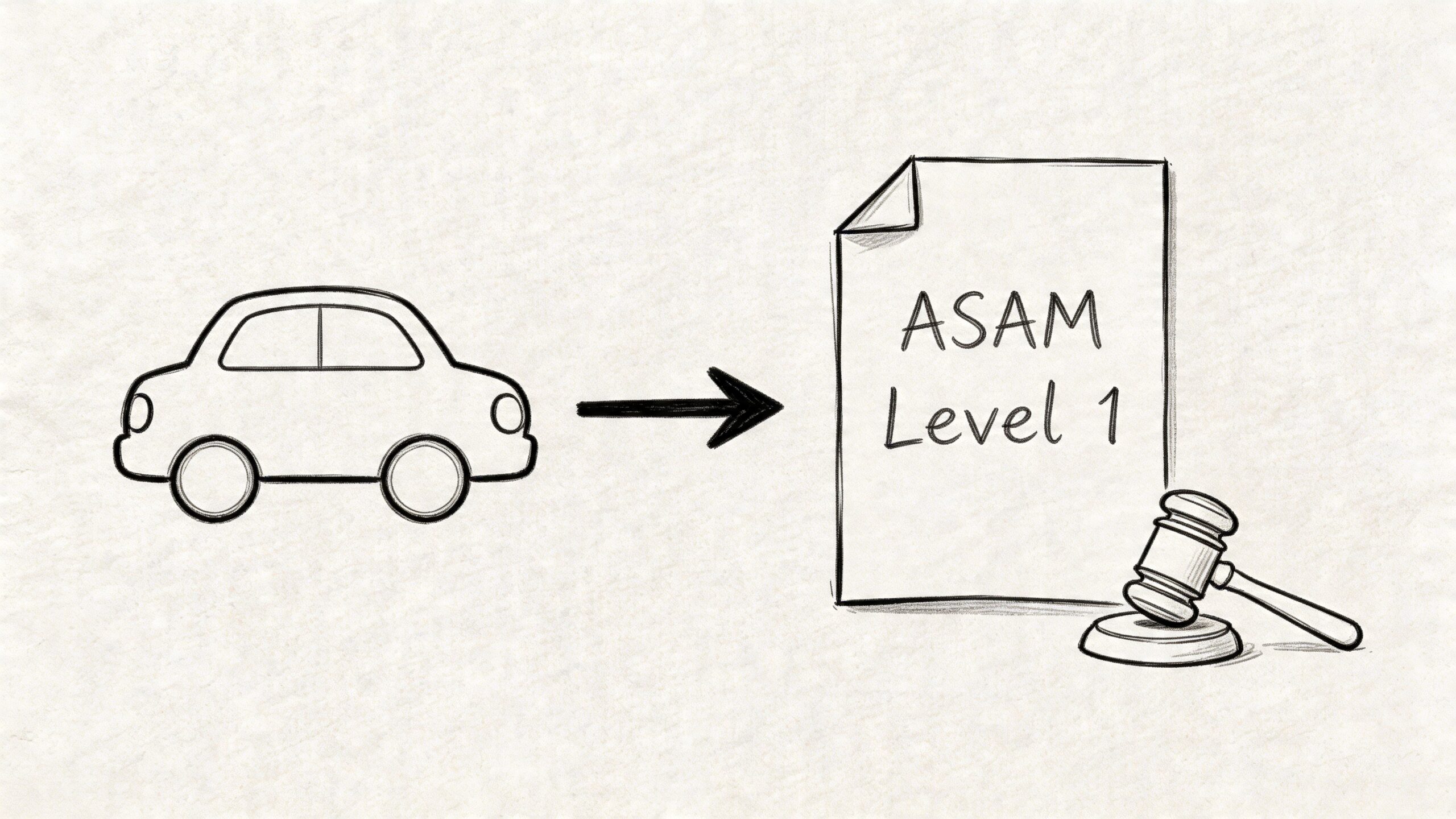 A hand-drawn illustration showing a car pointing toward a document labeled ASAM Level 1 and a gavel.