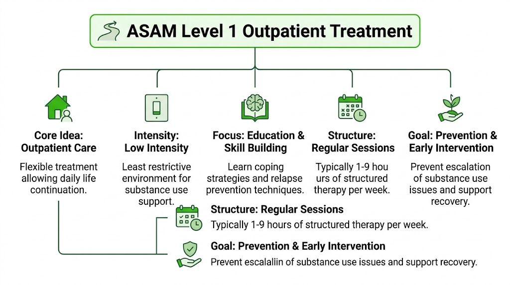 An infographic detailing ASAM Level 1 outpatient treatment, highlighting its focus on education and low-intensity care.