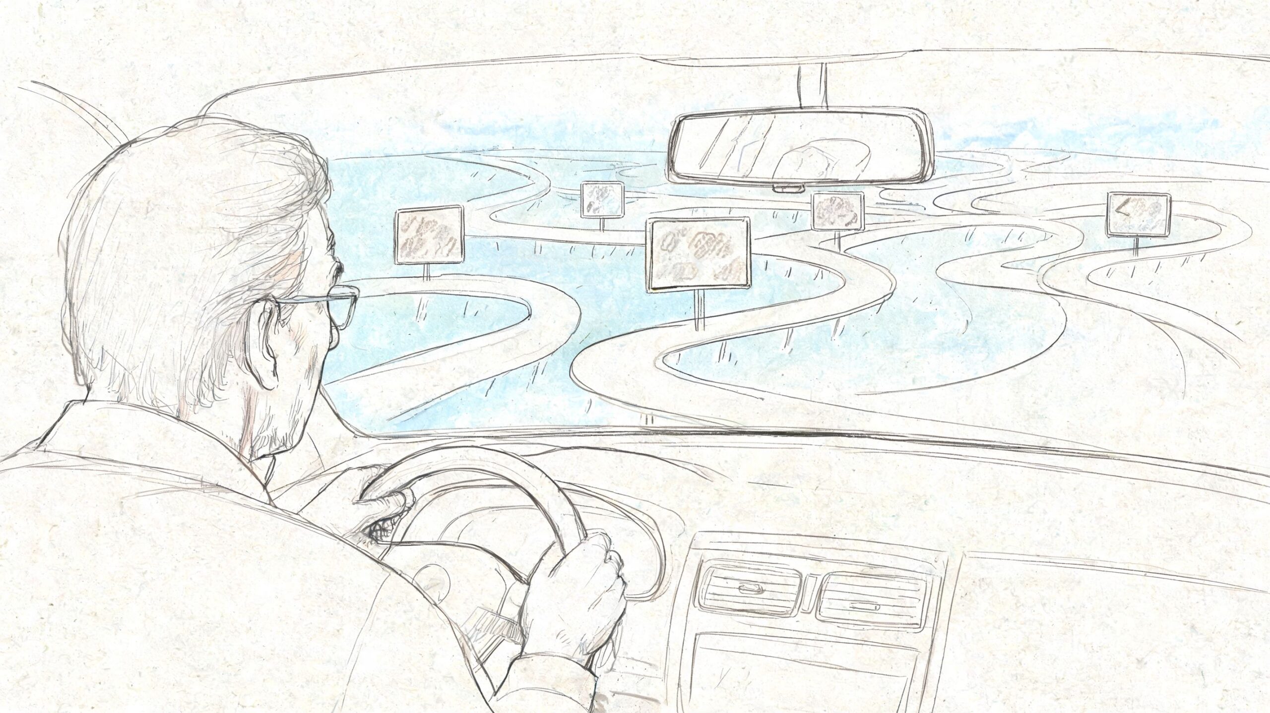 An older driver steering a car through a complex maze of winding roads with unclear signage.
