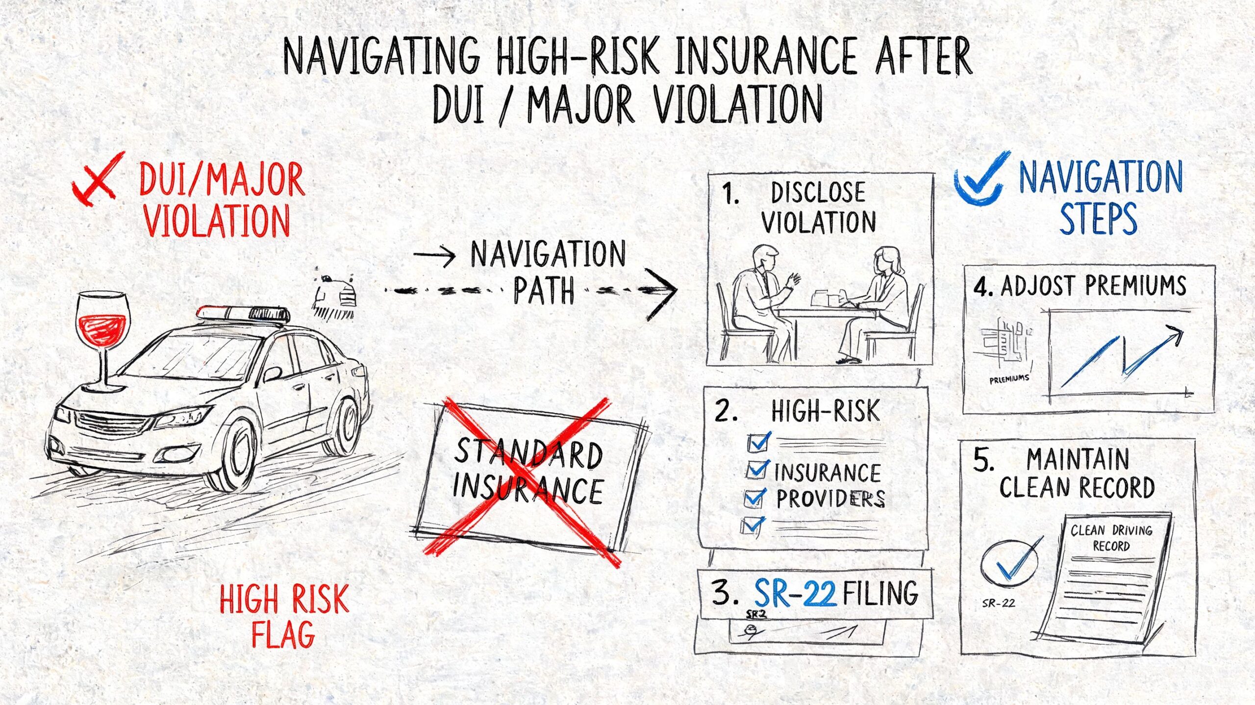 An infographic illustrating the steps to follow for obtaining high-risk car insurance after a DUI violation.