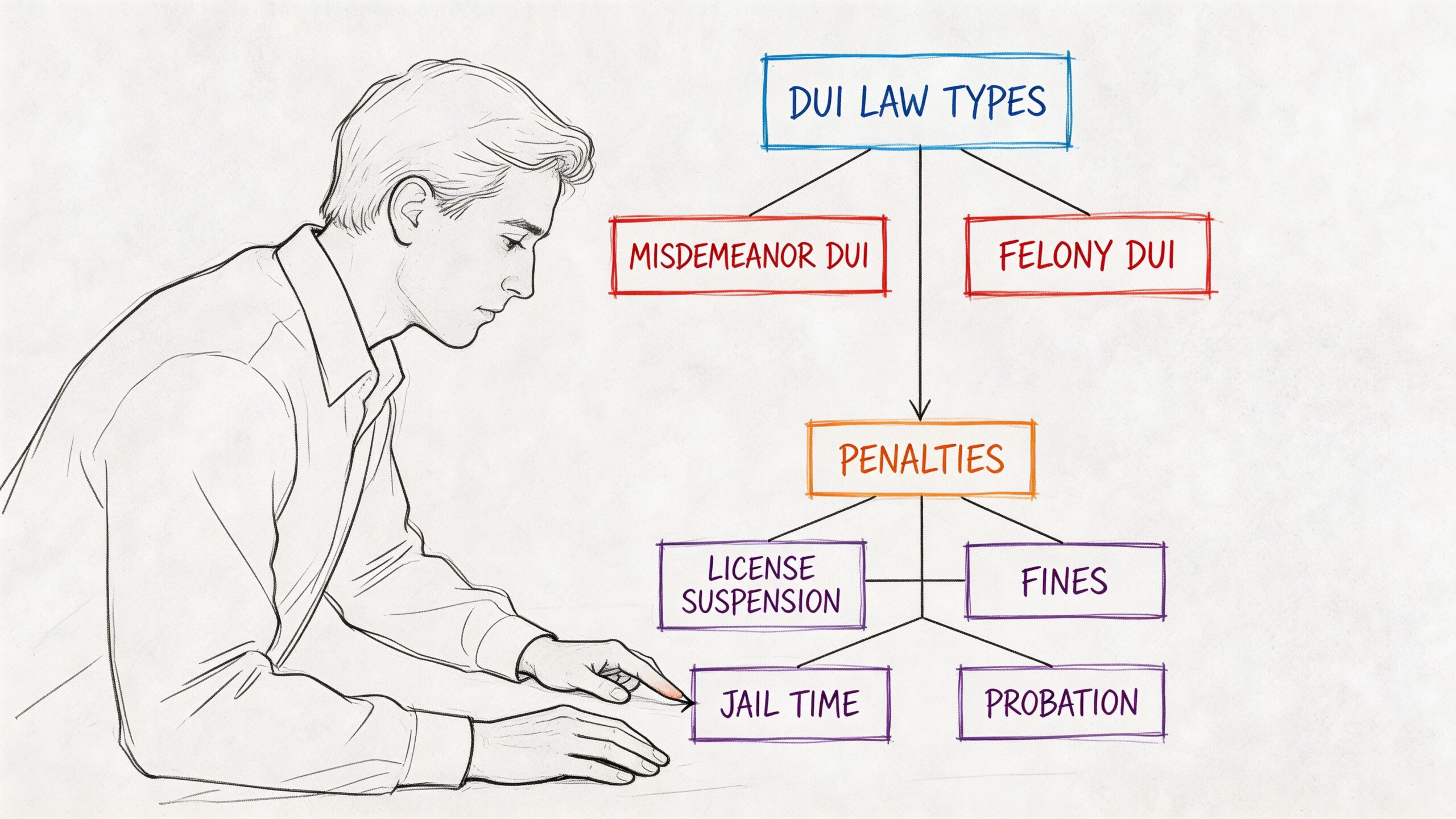 A sketched illustration of a man pointing at a chart explaining DUI law types and associated penalties.