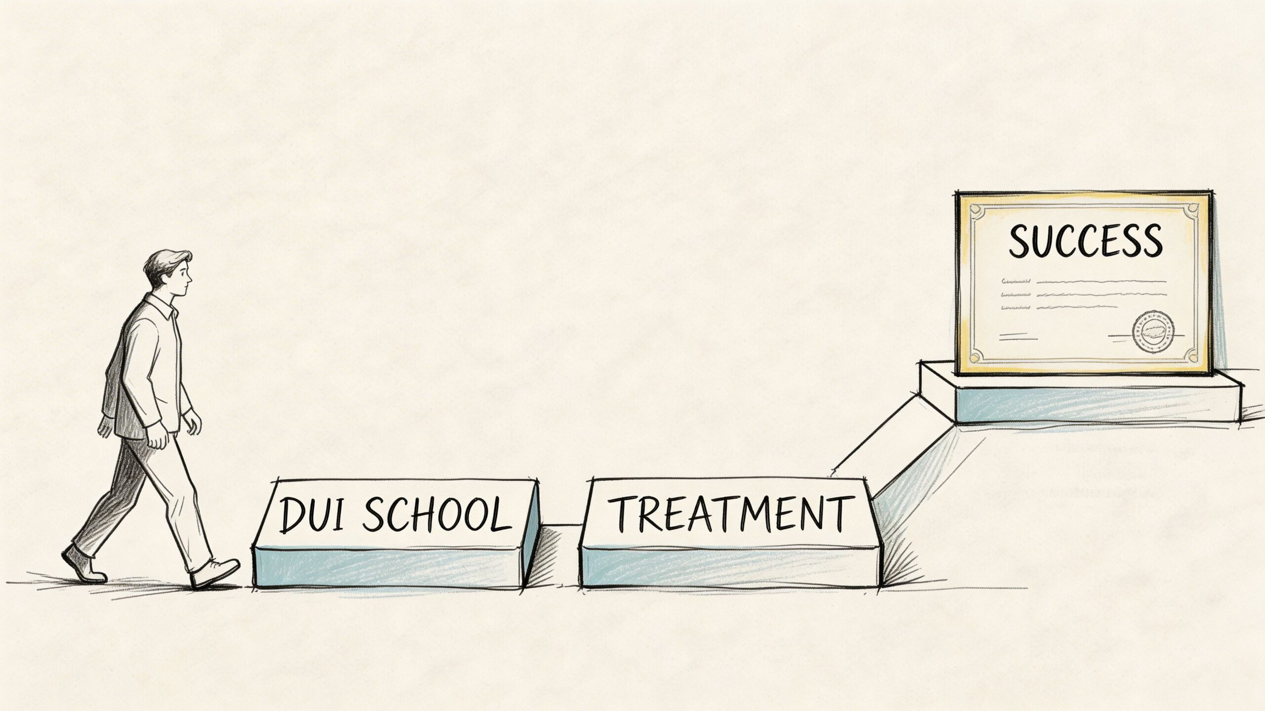A conceptual illustration of a person walking across steps labeled DUI school and treatment toward success.