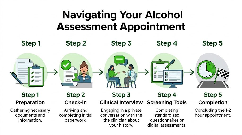 A flow chart illustrating five steps to prepare for a court-ordered alcohol assessment appointment.