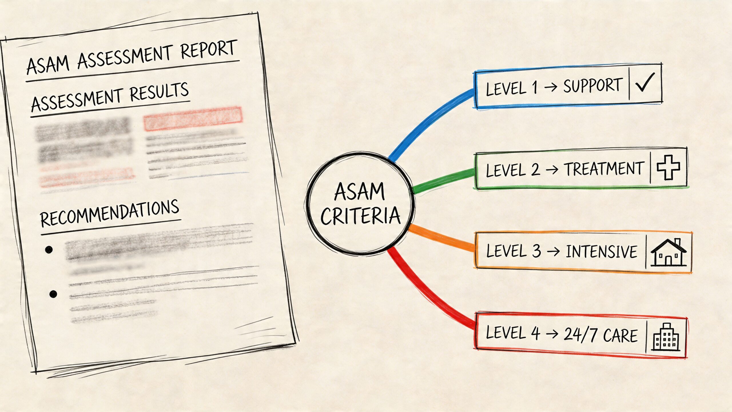 An infographic showing an ASAM assessment report form next to a diagram of four ASAM treatment levels.
