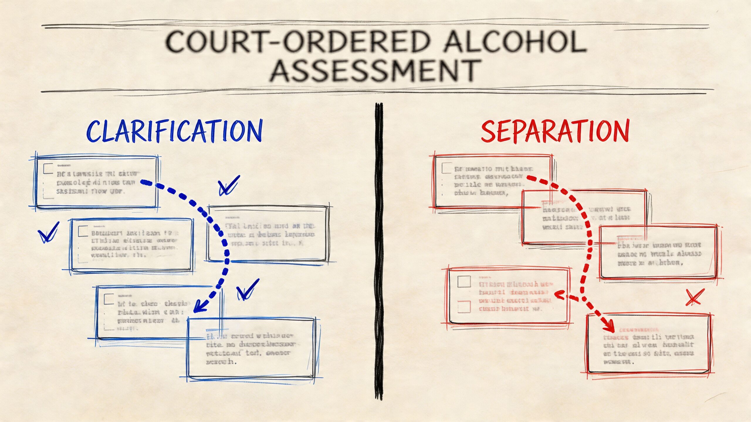 A diagram comparing clarification and separation strategies for a court-ordered alcohol assessment process with checkmarks and x marks.