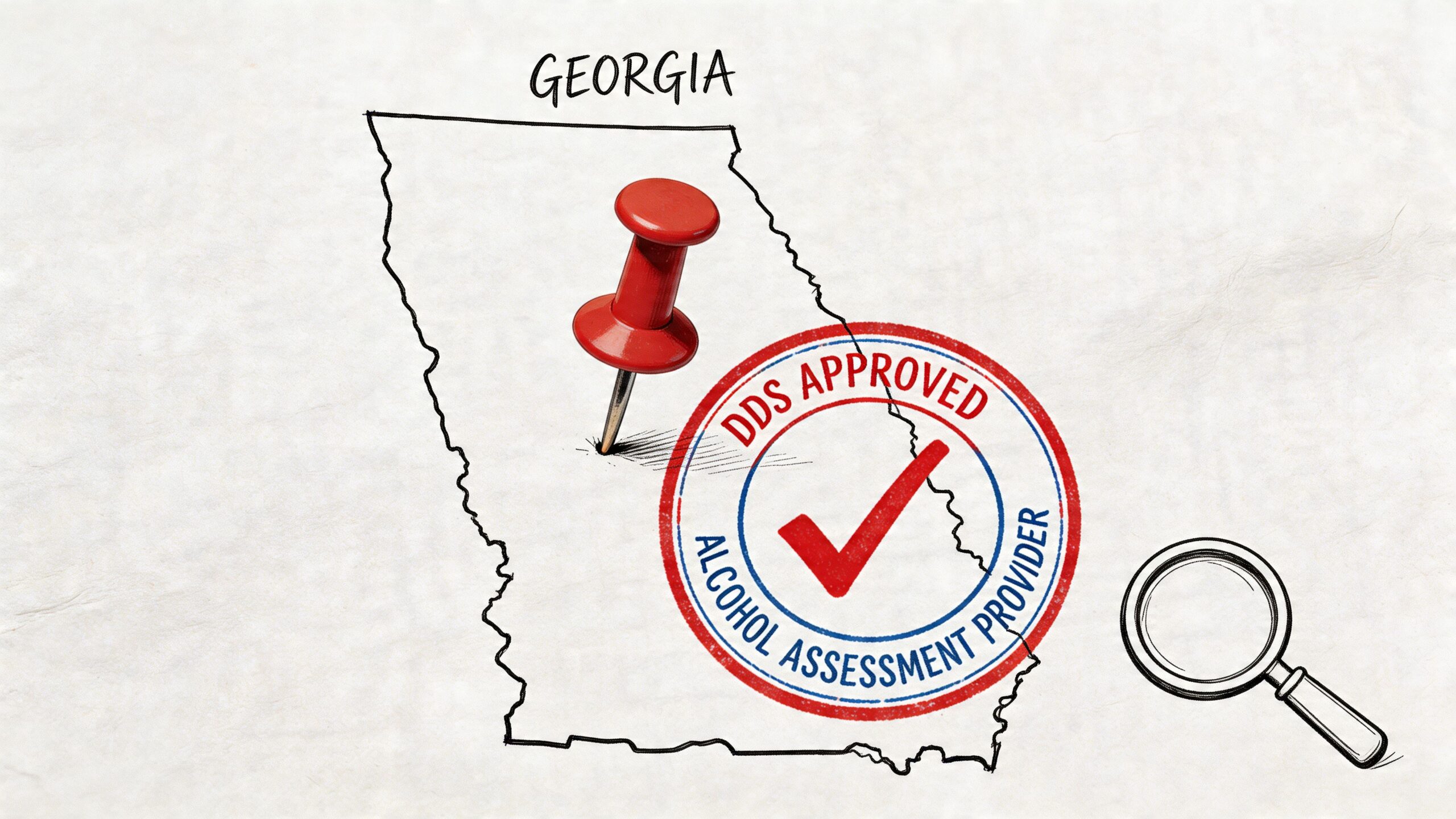 A red pushpin on a map of Georgia with a DDS approved alcohol assessment provider stamp.