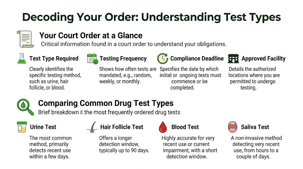 An infographic titled Decoding Your Order explaining court-ordered drug test requirements and common types of testing.