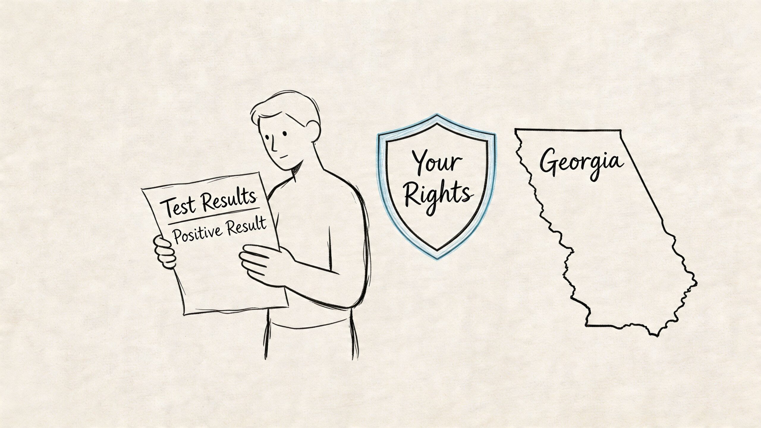 A hand-drawn illustration showing a man with a positive test result, a shield symbol, and Georgia state outline.