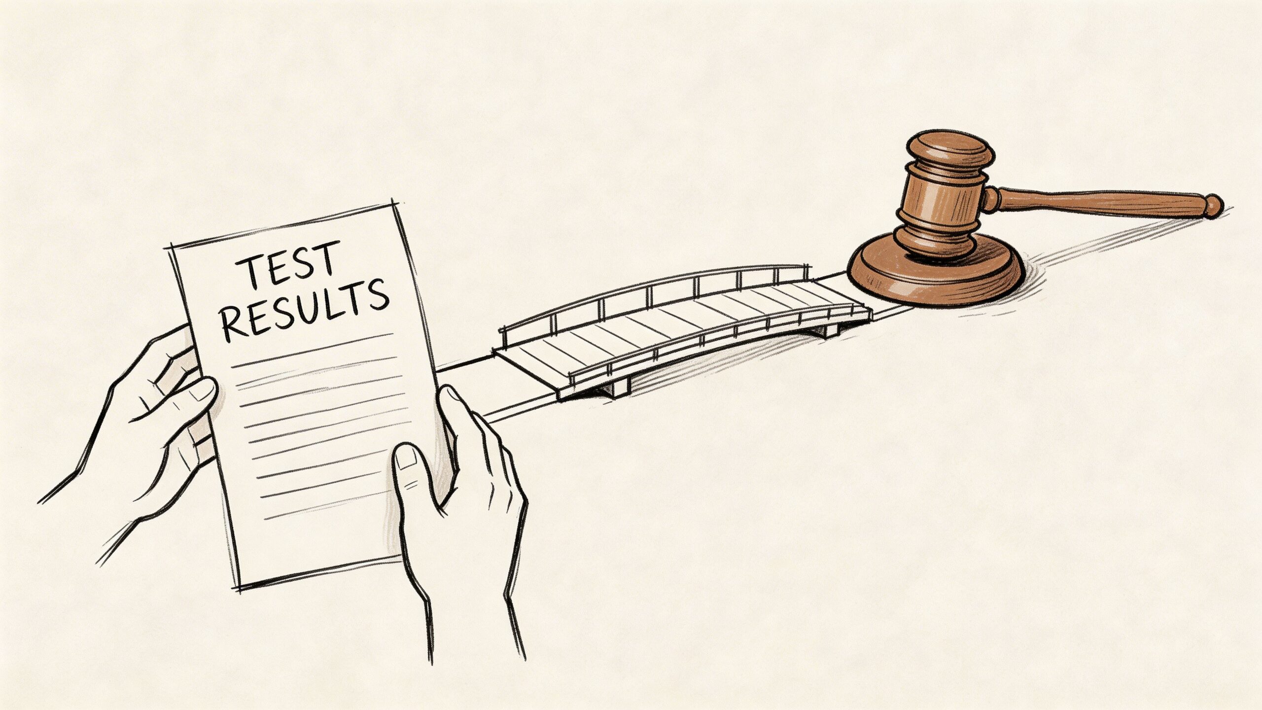 A person holding a document labeled Test Results connected by a small bridge to a judge's gavel.