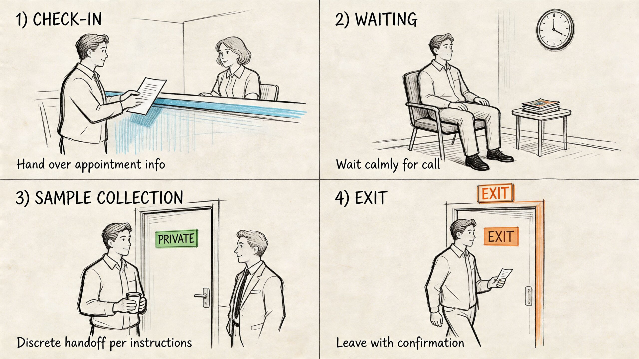 A four-step illustration showing the procedure for a court-ordered drug test from check-in to exit.