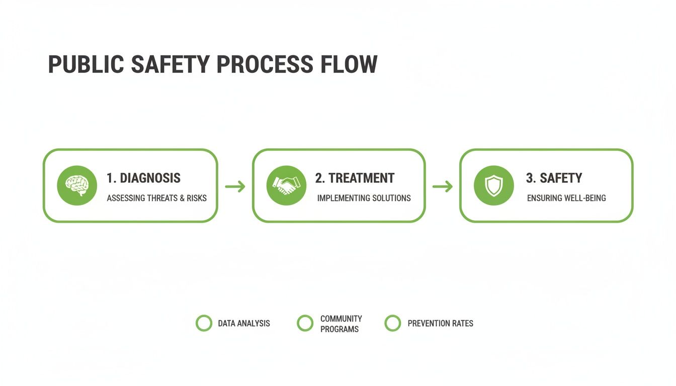 A public safety process flow diagram illustrating diagnosis, treatment, and safety stages with metrics.