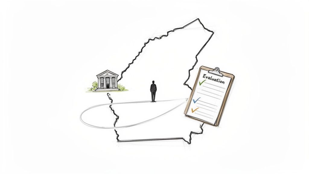 Illustration of a state map with a courthouse, person, and 'Evaluation' clipboard, connected by a path.