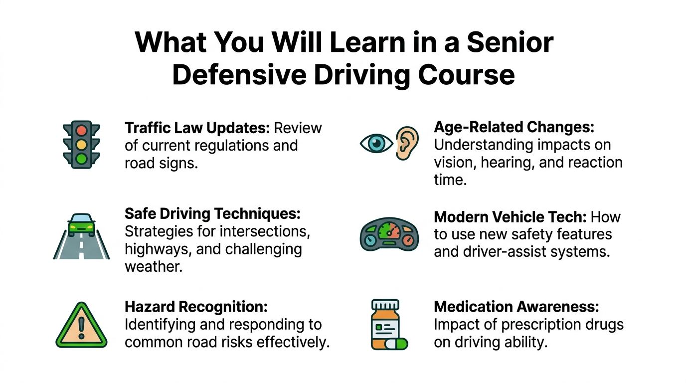 An infographic titled What You Will Learn in a Senior Defensive Driving Course listing six key topics.