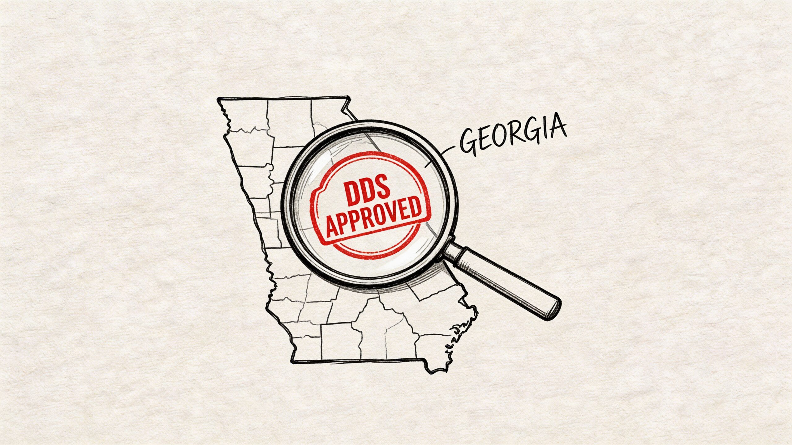 A hand-drawn map of Georgia with a magnifying glass over it showing a red DDS Approved stamp.