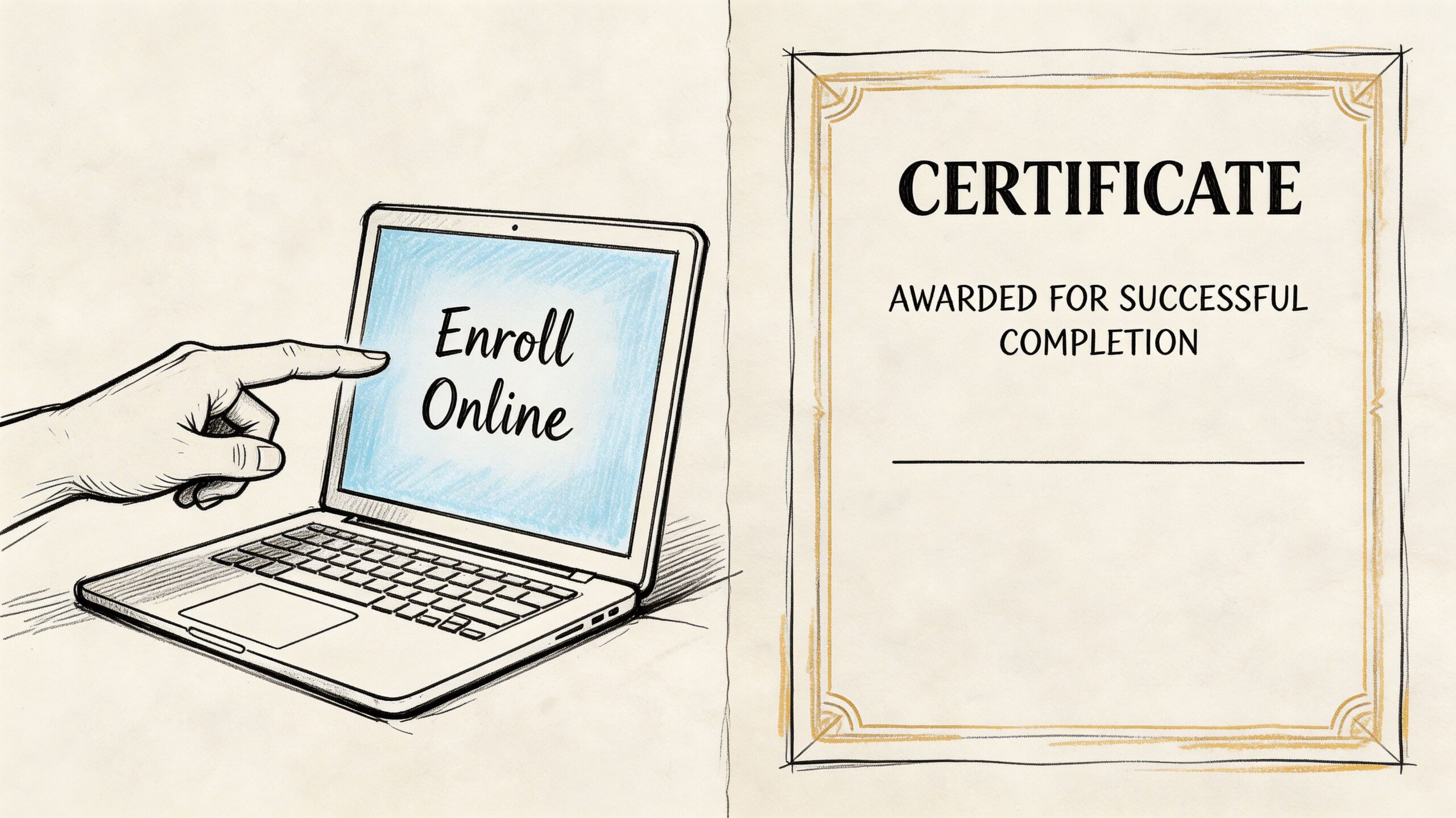 A hand pointing to a laptop screen displaying Enroll Online text next to a blank certificate.