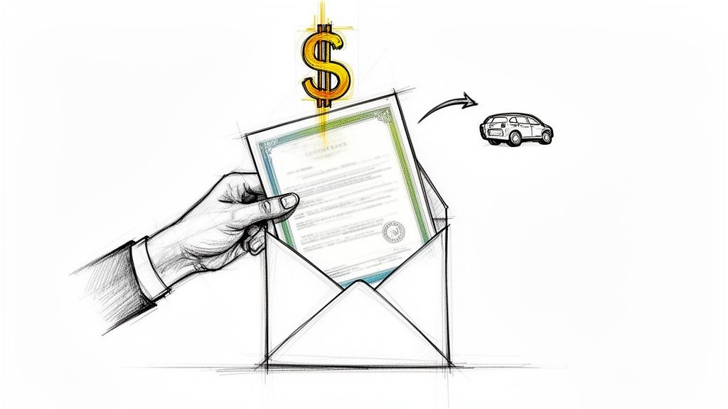 A hand placing a legal document into an envelope, connected by a dollar sign to a car icon.