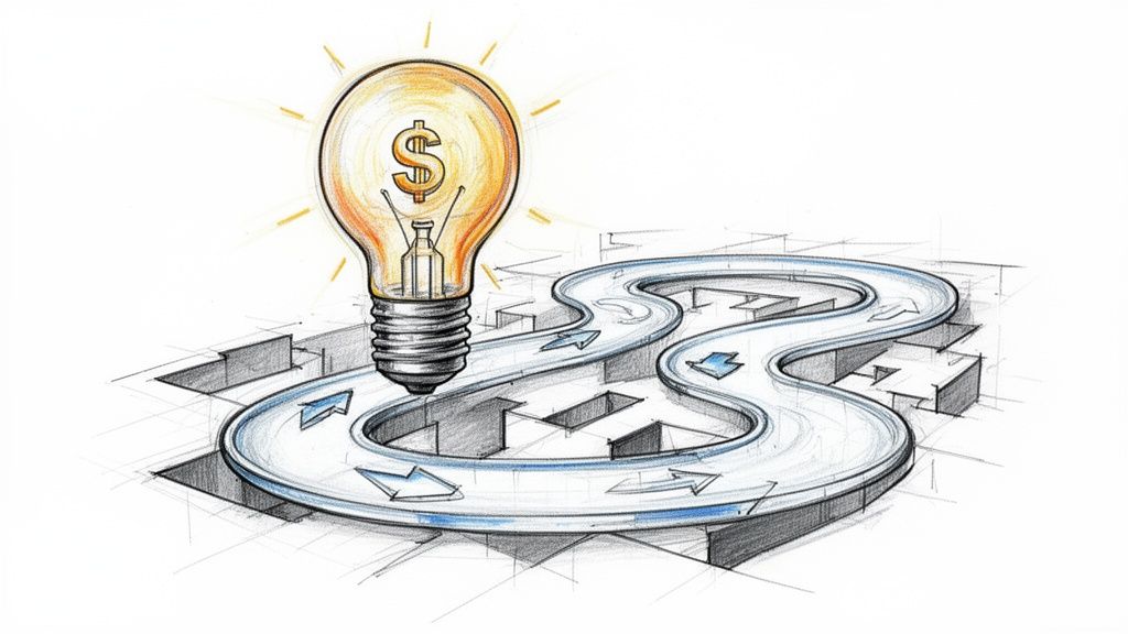 An illustration of a glowing light bulb with a dollar sign on a winding road path.