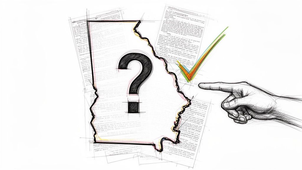 A pencil sketch of the state of Georgia with a large question mark and a checkmark.