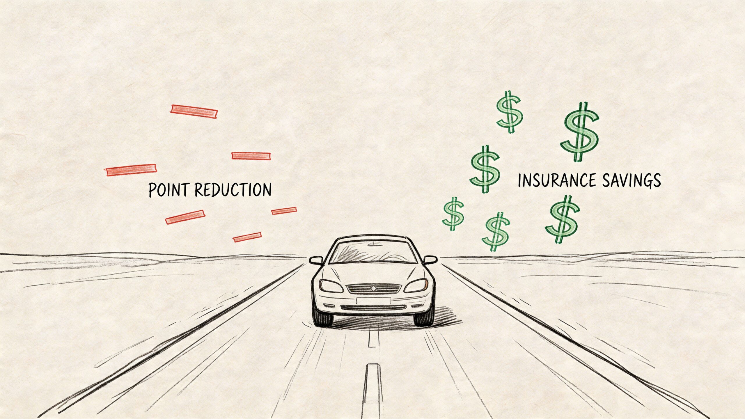 A hand-drawn illustration showing a car driving forward, representing driver education benefits like point reduction and insurance savings.